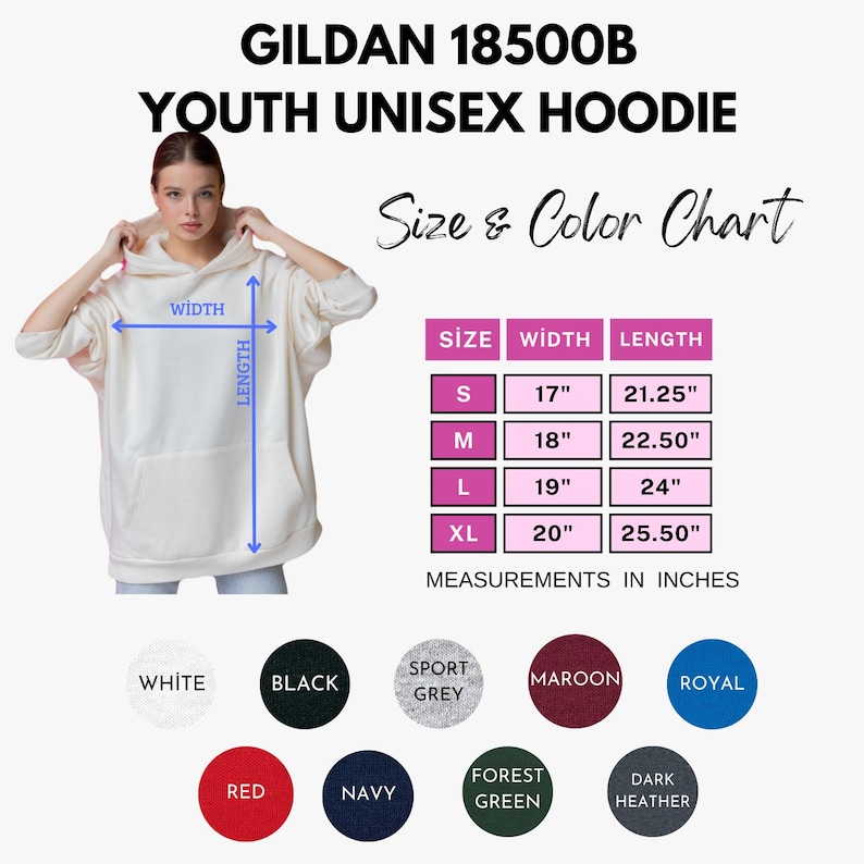 Puede incluir: Sudadera con capucha unisex juvenil blanca con una tabla de tallas y colores. La tabla muestra medidas en pulgadas para tallas S a XL, con anchos de 43 cm a 51 cm y largos de 54 cm a 65 cm. Los colores disponibles incluyen blanco, negro y rojo.