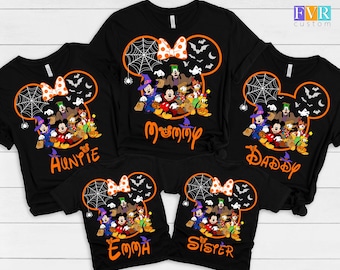 May include: Five black t-shirts featuring a graphic of Disney characters in Halloween costumes inside a Mickey Mouse ear outline. The design includes a spiderweb, bats, and orange text reading Mommy, Auntie, Daddy, Emma, and Sister. FVR custom logo is visible.