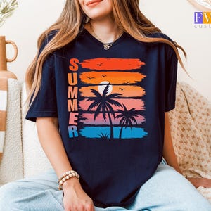 Retro Summer Sunset Shirt, Palm Tree Graphic Tee, Beach Vibes Vacation Outfit, Colorful Tropical T-Shirt, Ocean Aesthetic Top
