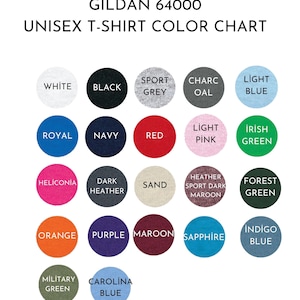 May include: A color chart for Gildan 64000 unisex t-shirts. The chart displays a variety of colors, including white, black, sport grey, charcoal, light blue, royal, navy, red, light pink, and Irish green. Additional colors include heliconia, dark heather, sand, heather sport dark maroon, forest green, orange, purple, maroon, sapphire, indigo blue, military green, and carolina blue.