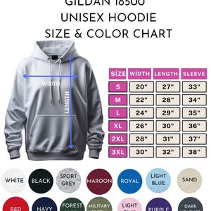 Puede incluir: Sudadera con capucha unisex Gildan 18500 blanca con una tabla de tallas y colores. La tabla muestra las medidas de ancho, largo y largo de manga en pulgadas para las tallas S a 3XL. Los colores incluyen blanco, negro y granate.