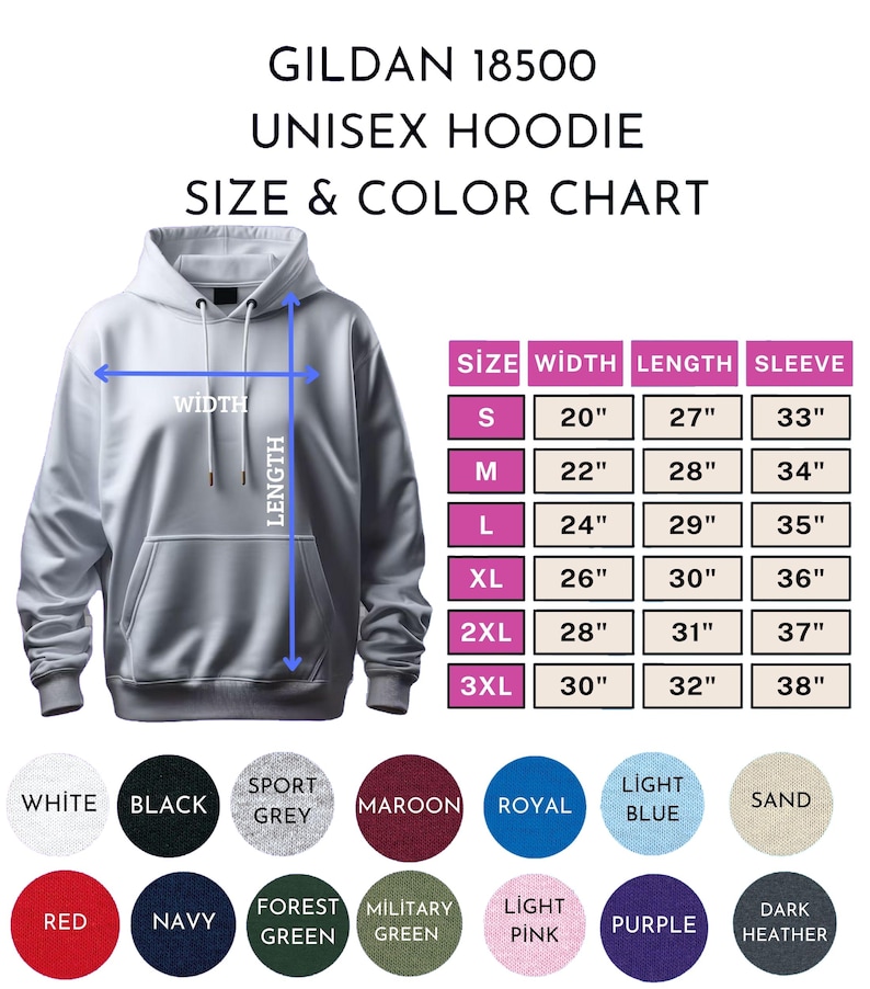 Puede incluir: Sudadera con capucha unisex Gildan 18500 blanca con una tabla de tallas y colores. La tabla muestra las medidas de ancho, largo y largo de manga en pulgadas para las tallas S a 3XL. Los colores incluyen blanco, negro y granate.