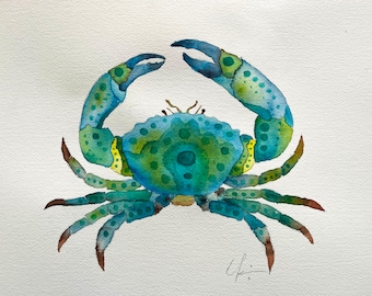 Colorful Blue Green, Coastal Beach Stone Crab Watercolor by Clair Hartmann Original