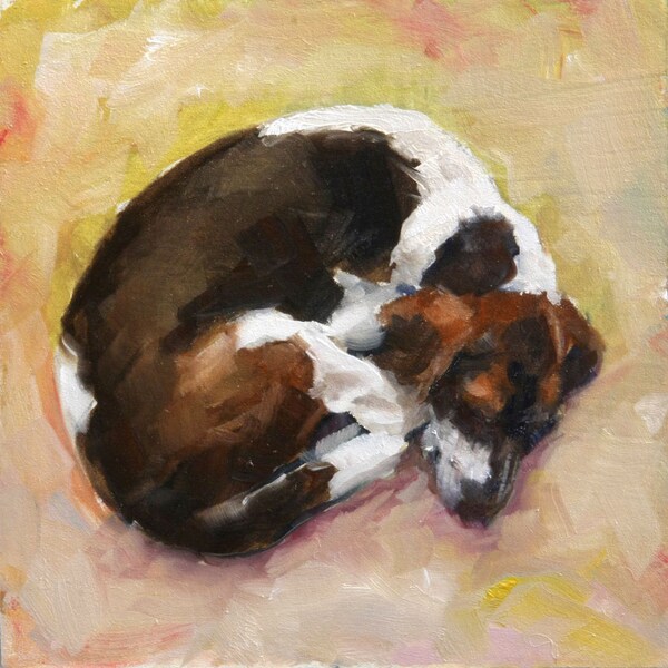 Peaceful White and Brown, Black Sleeping Dog, Beagle Mix  - original oil painting by Clair Hartmann