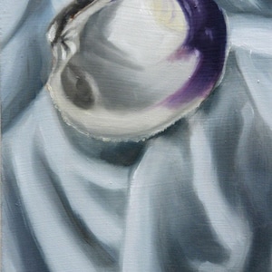 Purple and White Clam Shell on White Cloth with Folds Original Painting by Clair Hartmann image 1