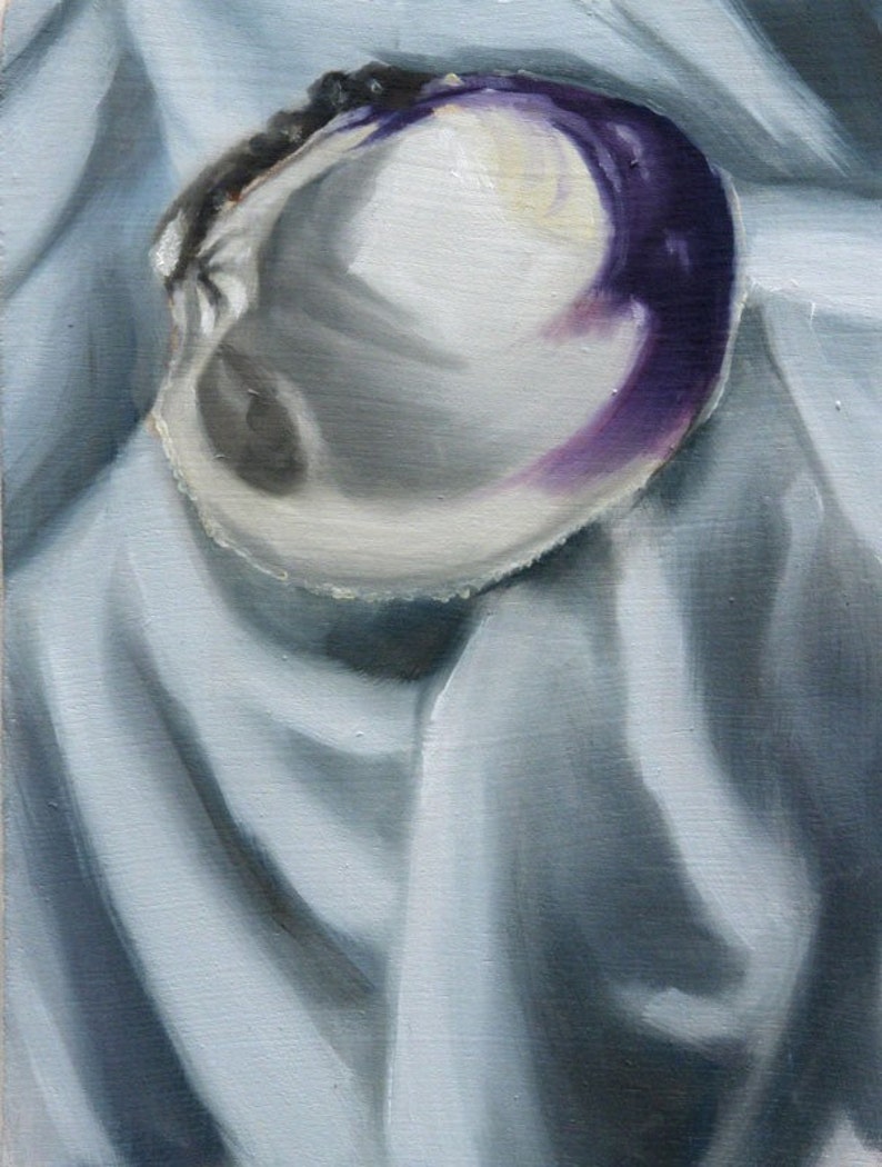 Purple and White Clam Shell on White Cloth with Folds Original Painting by Clair Hartmann image 1