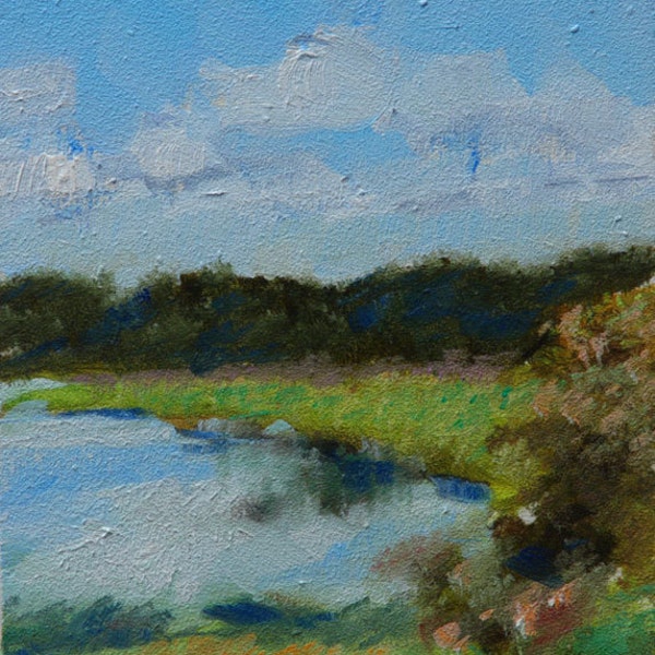Blue Sky, Puffy Clouds, Lake, Water, Green Grass, Trees, Plein Air, Landscape, Original Painting by Clair Hartmann