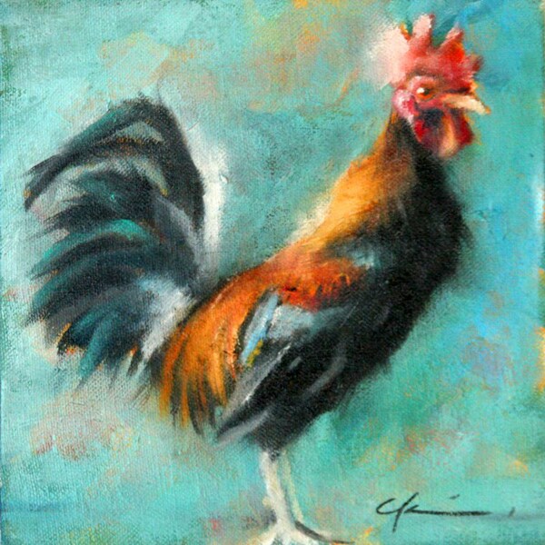 Colorful Skinny Rooster, Chicken, Bird Original Oil Painting by Clair Hartmann