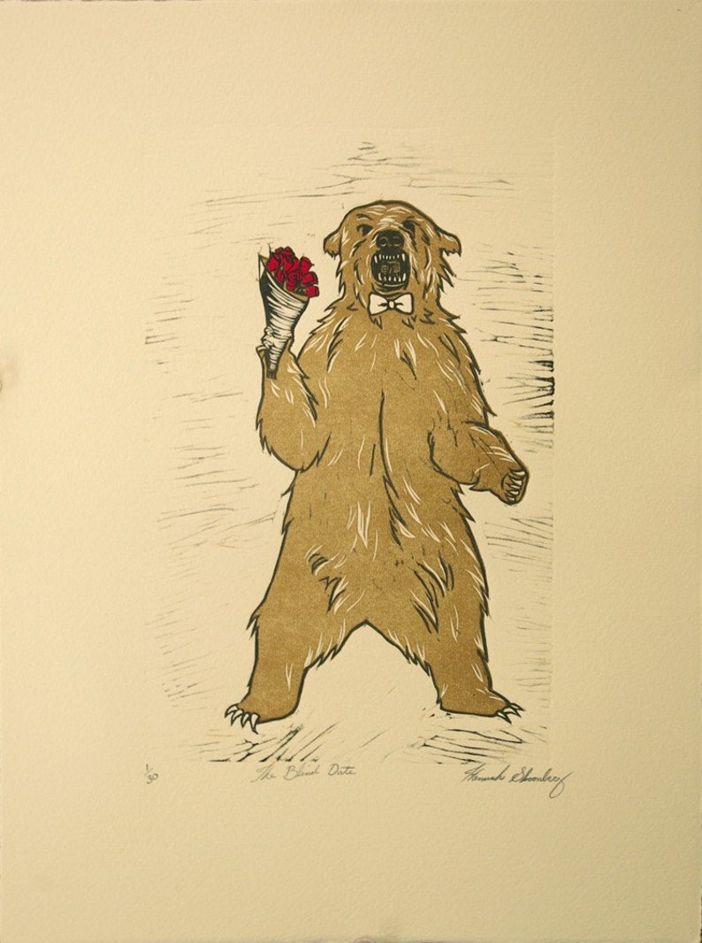 The Blind Date, Hand Pulled Linoleum Multi Block Print image 2