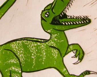 Velociraptor Love, Hand Pulled Linocut, Multi Block Print