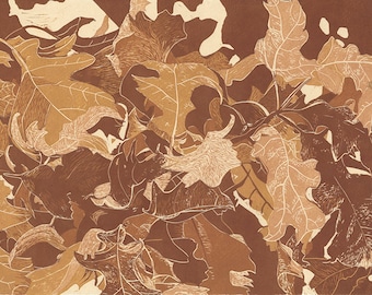 Oak Leaves, linoleum reduction print