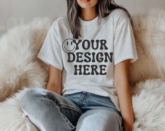 Maquete de camiseta branca Bella Canvas 3001, camisa Bella Canvas, maquete de camiseta, maquete de modelo, maquete de camiseta, maquete de camiseta branca, maquete de camiseta branca