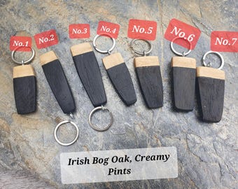 Irish Bog Oak Keychain: Handcrafted Pint Pendant, 6000-Year-Old Wood