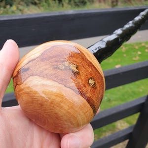 May include: A polished wooden walking stick handle with a rounded head. The head is light brown with darker grain patterns and a glossy finish. The handle is black and appears to be made of a dark, possibly varnished, material.
