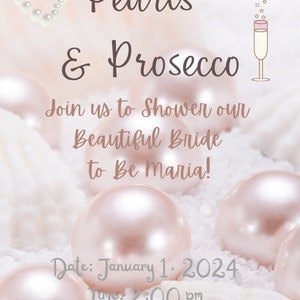 Invitación a la despedida de soltera con perlas y prosecco