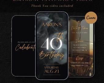 Animiertes Einladungsvideo zum 40. Geburtstag, Black Gold Mobile Evite, bearbeitbare Canva-Vorlage für die Meilensteinparty der Männer
