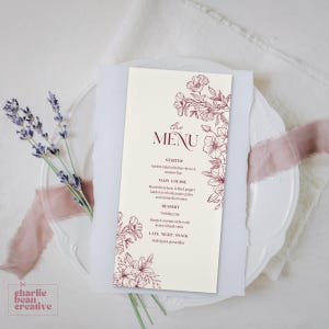 Vertical Floral Menu Template for Wedding or Bridal Shower Vintage Wildflower Menu Boho Garden Party Menu Printable Botanical Menu Card