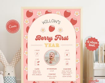 Editable Berry First Birthday Milestone Board Sign Strawberry 1st Birthday Poster Template Baby Girl Birthday Milestone Board 6 Sizes