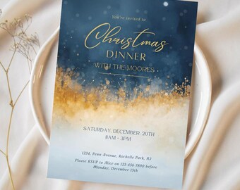 Elegant Christmas Dinner Invite, Gold & Blue Watercolor Template, Holiday Dinner Invitation Editable Canva, Printable Digital Invite Set