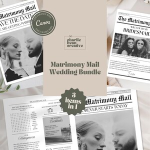 May include: A black and white newspaper style wedding invitation with the text "Matrimony Mail" and "Save the Date". The invitation features a photo of a couple in black and white. The invitation also includes the text "Forever Starts Today".