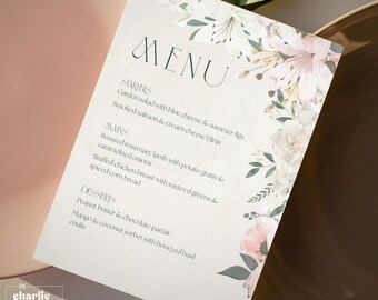 Plantilla de menú floral para boda: Diseño en acuarela color melocotón (Canva editable e imprimible)