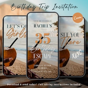 Peut inclure: Trois écrans de smartphone affichant un modèle d'invitation numérique pour un voyage d'anniversaire. Le design présente une plage en arrière-plan avec une noix de coco, du texte vert foncé et orange incluant 'Rachel's 35th Birthday Escape'.
