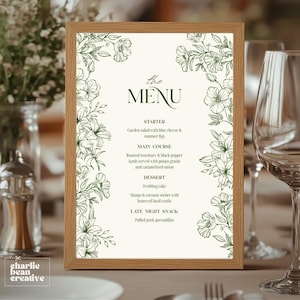 Plantilla de menú de boda floral, menú de fiesta en el jardín, tarjeta de menú de flores silvestres estilo bohemio, menú botánico vintage imprimible, menú de boda bohemio