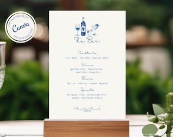 Hand-Drawn Wedding Bar Menu Template, Illustrated Drinks Menu Sign, Editable Minimalist Design, Canva Template, Signature Drink