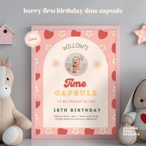 Berry First Birthday Time Capsule Sign and Card Set Canva First Birthday Girls Time Capsule Template Digital Download