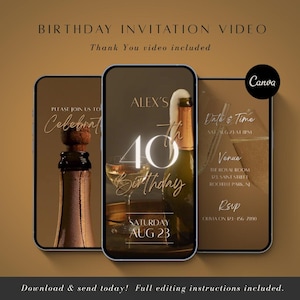 May include: A digital birthday invitation video displayed on three smartphones. The design features champagne bottles, glasses, and the text "Alex's 40th Birthday" with event details. The background is a warm, golden color.