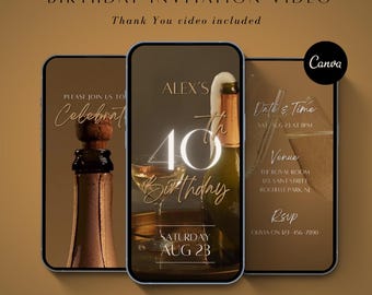 Puede incluir: Una invitación de cumpleaños digital en vídeo mostrada en tres smartphones. El diseño presenta botellas de champán, copas y el texto "40 cumpleaños de Alex" con detalles del evento. El fondo es de un color dorado cálido.