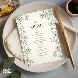 Modèle de menu botanique élégant pour la douche nuptiale Menu avec fleurs sauvages, jardin, carte de menu de mariage, menu floral vintage, menu Boho vert sauge imprimable
