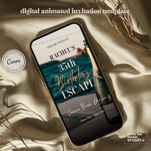May include: A digital invitation template for a 35th birthday party. The invitation features a blue ocean background with a bottle of champagne and the text "Rachel's 35th Birthday Escape" in gold lettering. The invitation also includes the location and dates of the party: "Connor Beach, Oregon, August 20th, August 23rd."