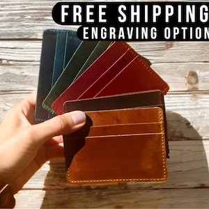 Card Holder Wallet, Full Grain Crazy Horse Leather Card Holder, Personalized Engraved Options, Gift for him & her, Premium Quality, Handmade