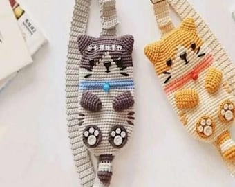 Cat Phone Bag Crochet Pattern Crocheted Cell Phone Bag Cat, Shoulder Bag, Crochet Bag