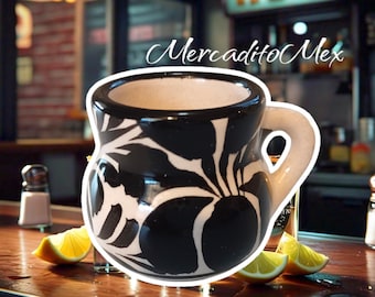 Set of Ceramic Mexican Jarritos (Black) / Tequila Shots / Talavera Style / 1 oz. / Handmade - Handpainted