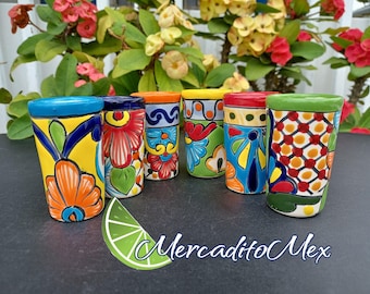 Set of 6 Colorful Tequila Shot Glasses  / Handmade - Handpainted Mexican Tequila Shots / Ceramic Party Favors / 5 de Mayo Party.