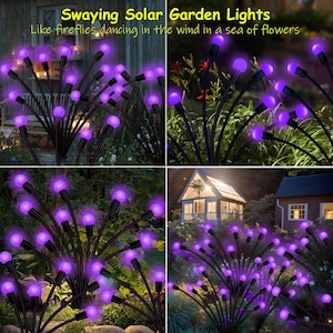 May include: A set of swaying solar garden lights with purple glowing orbs. The lights are arranged in clusters, resembling fireflies. The text "Swaying Solar Garden Lights" and "Like fireflies dancing in the wind in a sea of flowers" is visible.