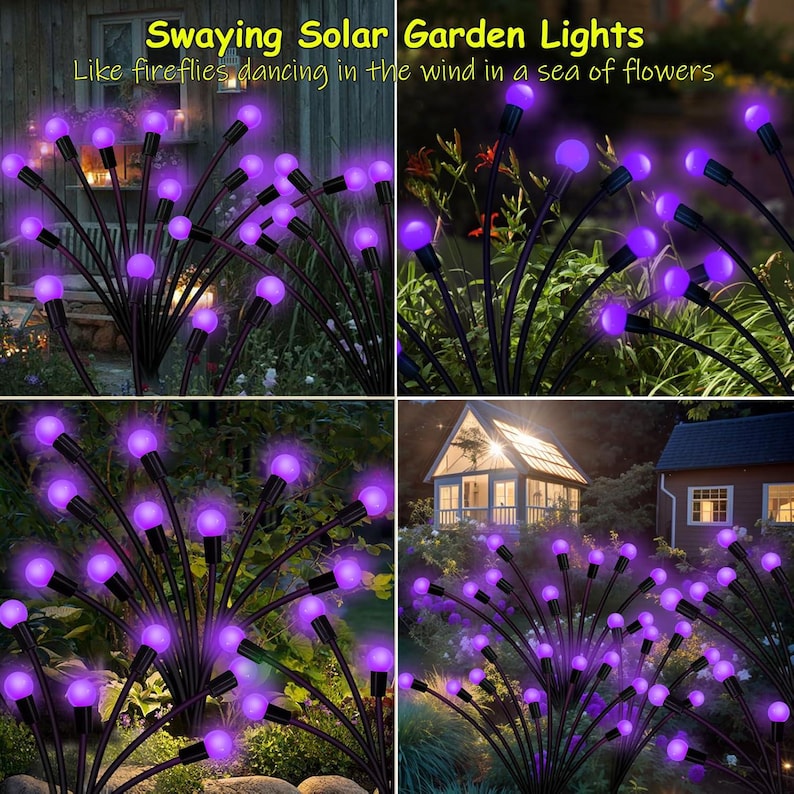 May include: A set of swaying solar garden lights with purple glowing orbs. The lights are arranged in clusters, resembling fireflies. The text "Swaying Solar Garden Lights" and "Like fireflies dancing in the wind in a sea of flowers" is visible.
