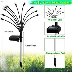 May include: A solar-powered firefly light with 10 LED bulbs. The black fixture has a stainless steel rod and an ABS ground stake. The light is 28 inches tall, with a solar panel and a 1.2v Ni-MH 800mAh battery.