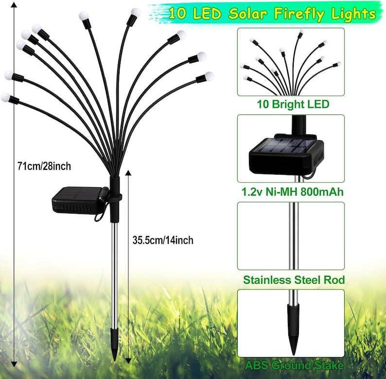May include: A solar-powered firefly light with 10 LED bulbs. The black fixture has a stainless steel rod and an ABS ground stake. The light is 28 inches tall, with a solar panel and a 1.2v Ni-MH 800mAh battery.