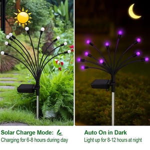 May include: Black solar-powered garden lights with multiple white or purple LED bulbs. The lights are designed to resemble fireworks. The text on the image says "Solar Charge Mode: Charging for 6-8 hours during day" and "Auto On in Dark: Light up for 8-12 hours at night."