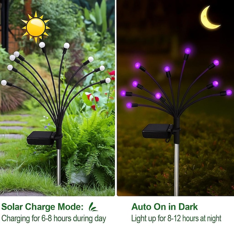 May include: Black solar-powered garden lights with multiple white or purple LED bulbs. The lights are designed to resemble fireworks. The text on the image says "Solar Charge Mode: Charging for 6-8 hours during day" and "Auto On in Dark: Light up for 8-12 hours at night."