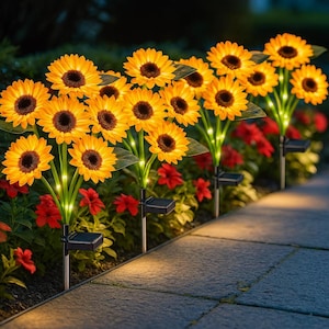 May include: Solar-powered sunflower garden lights. The artificial sunflowers have yellow petals and dark brown centers. The lights are arranged in a row along a stone walkway, with red flowers in the background.