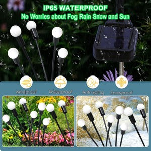 May include: Solar-powered outdoor lights with white globe bulbs and black stems. The image shows the lights in a garden setting, with text indicating they are waterproof, windproof, and snowproof. A solar panel is also visible.