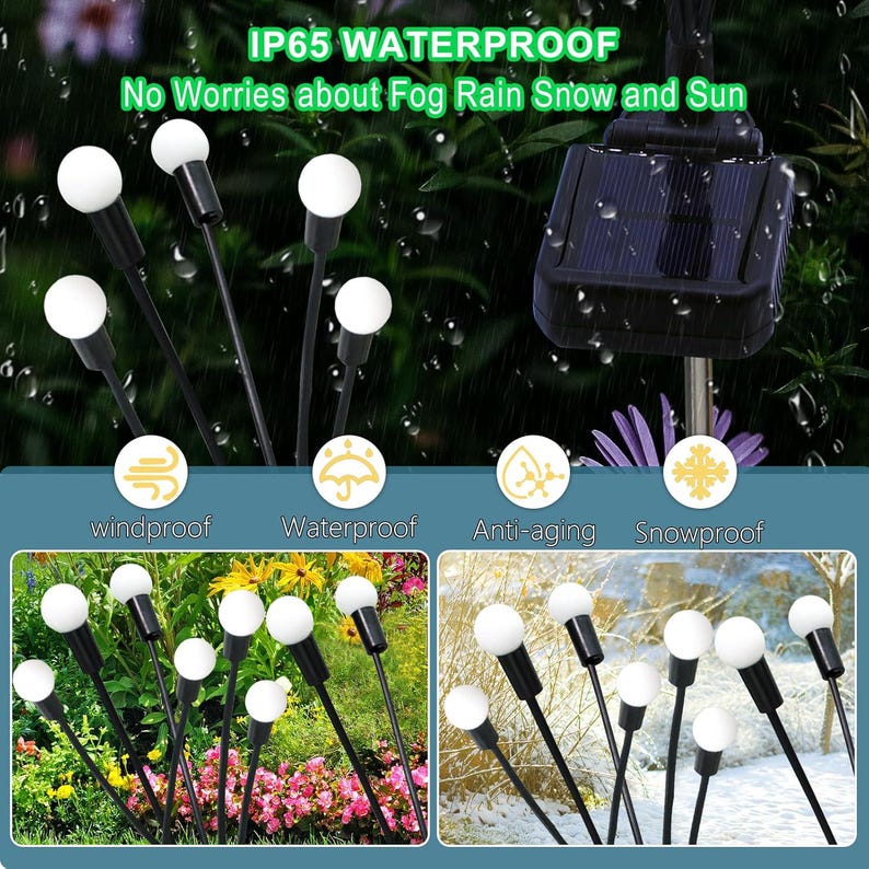 May include: Solar-powered outdoor lights with white globe bulbs and black stems. The image shows the lights in a garden setting, with text indicating they are waterproof, windproof, and snowproof. A solar panel is also visible.