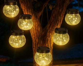 Cracked Glass Solar Lanterns - 6 Pack Waterproof Hanging Lights