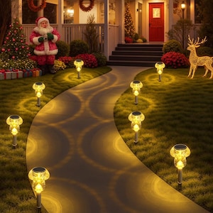 May include: A pathway lined with solar-powered garden lights, illuminating a front yard decorated for Christmas. The lights have a mushroom-like design, casting a warm glow on the grass and pathway. A Santa Claus figure and a decorative reindeer are also visible.