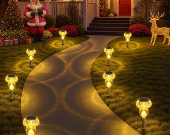 May include: A pathway lined with solar-powered garden lights, illuminating a front yard decorated for Christmas. The lights have a mushroom-like design, casting a warm glow on the grass and pathway. A Santa Claus figure and a decorative reindeer are also visible.