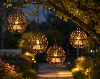 May include: Four spherical hanging lanterns suspended from a tree branch. Each lantern features a dark metal wire cage frame containing a glowing LED candle surrounded by delicate fairy lights, creating a warm, ambient illumination effect.